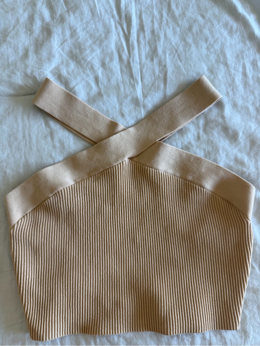 Babaton Beige Ribbed Cross-Strap Bandeau Top
